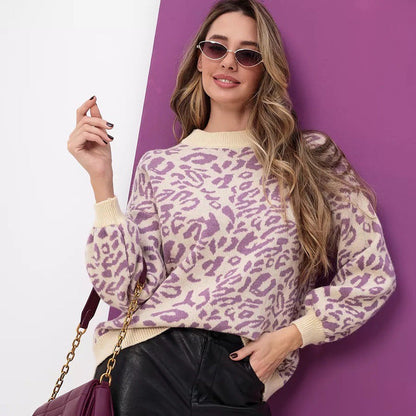 Damen Grobstrickpullover Leo-Design Lässig Beige - Eveloria