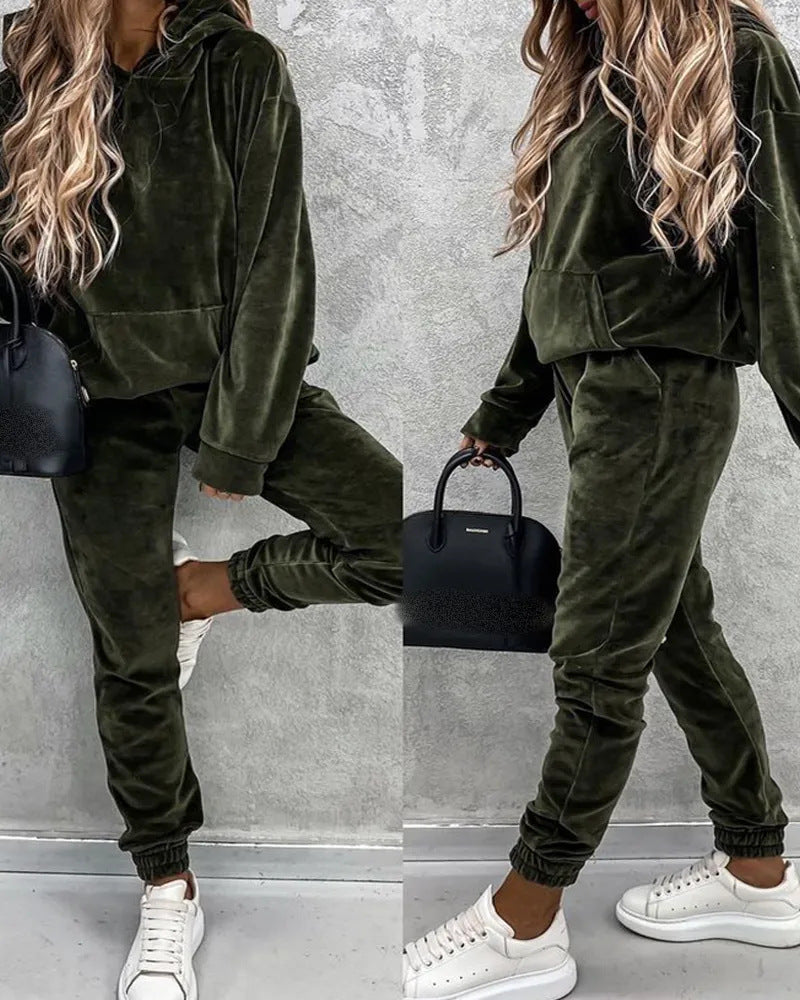 Damen Velours-Jogginganzug mit Kapuze und elastischem Bund