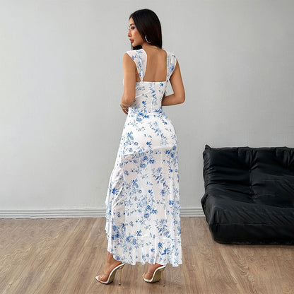 Damen Maxikleid Figurbetont Florales Design Seitlicher Schlitz
