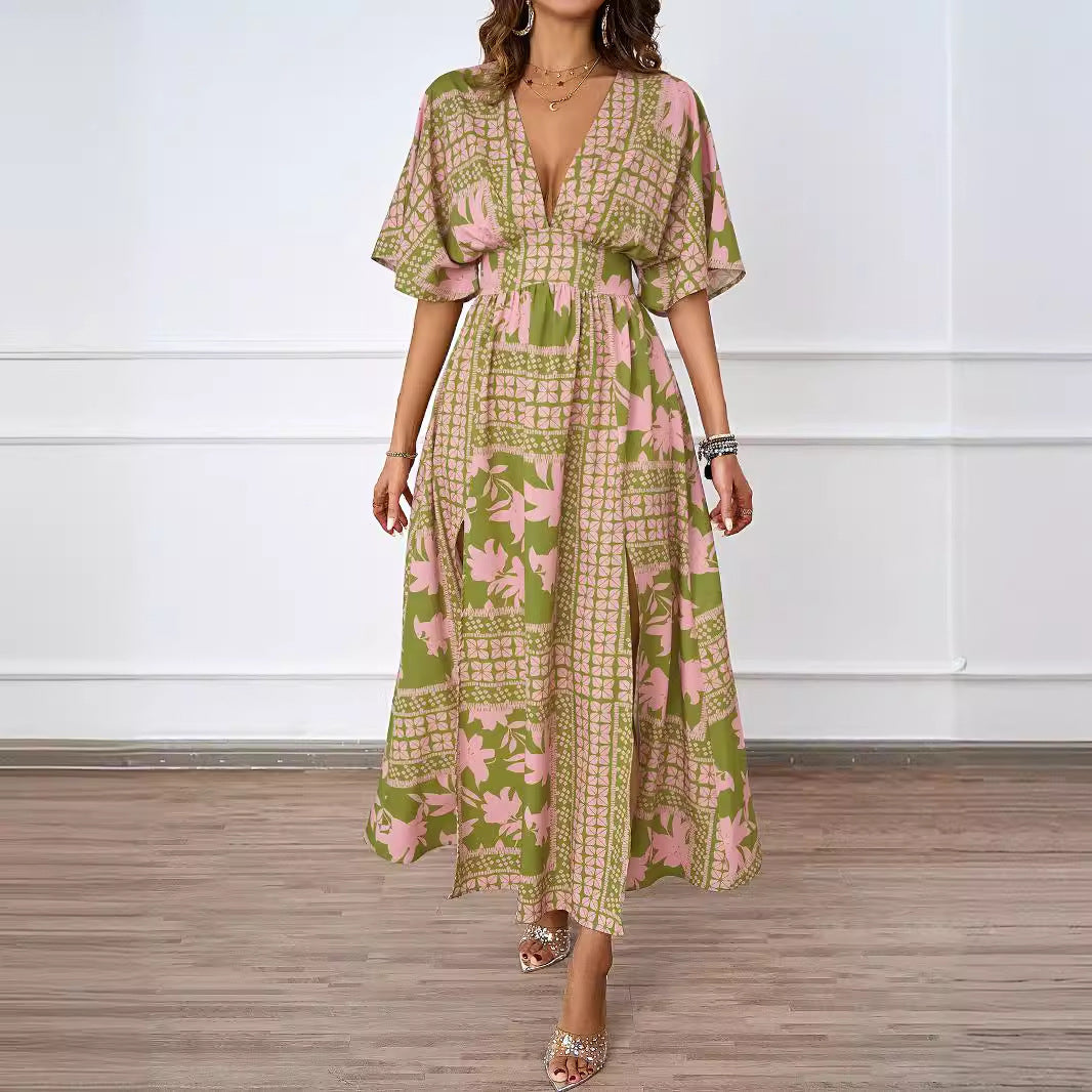 Damen Maxikleid V-Ausschnitt Seitenschlitz Eveloria