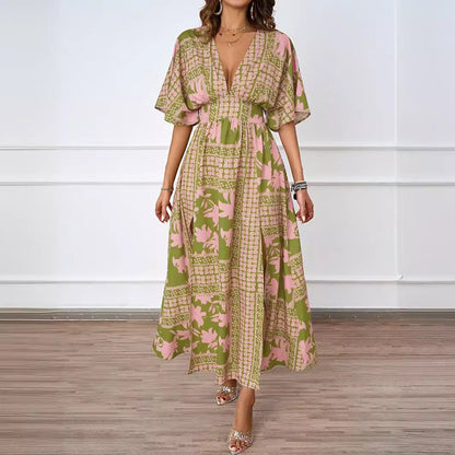 Damen Maxikleid V-Ausschnitt Seitenschlitz Eveloria
