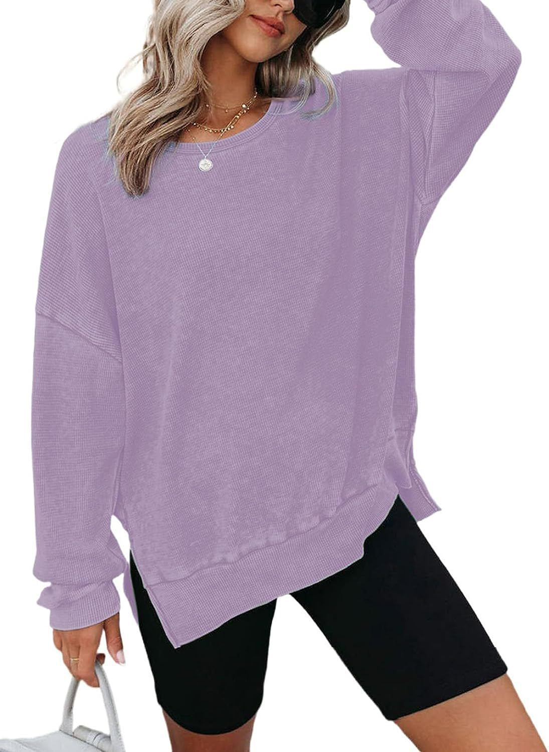 Damen Waffelpullover Lässig Mit Seitenschlitzen Grau Eveloria