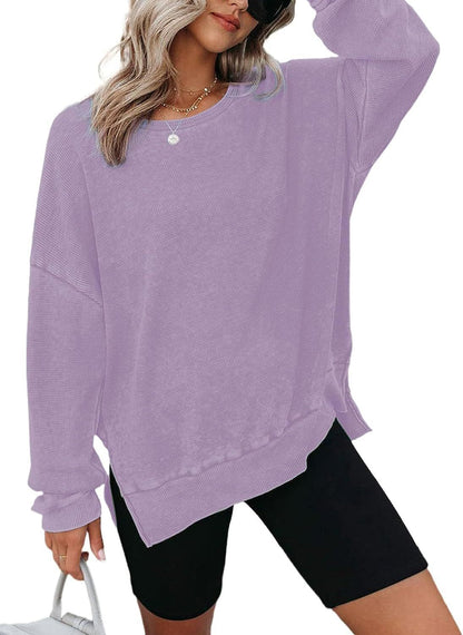 Damen Waffelpullover Lässig Mit Seitenschlitzen Grau Eveloria
