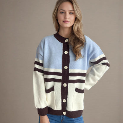 Damen Strickjacke Streifenmuster Große Knöpfe