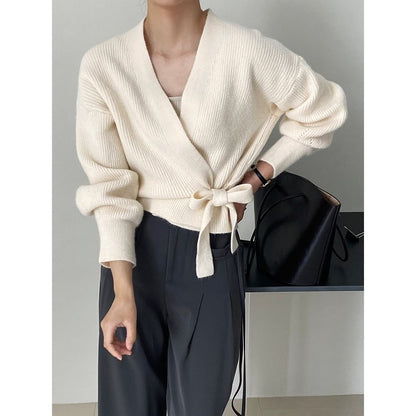 Damen Wickelpullover V-Ausschnitt Taillenzug Eveloria