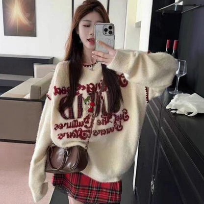 Damen Pullover Lässig Verspielter Schriftzug Beige - Eveloria