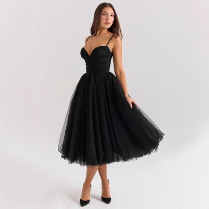 Damen Tüll Cocktailkleid V-Ausschnitt Taillengürtel