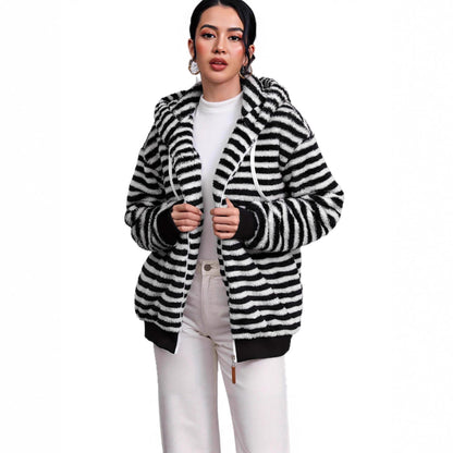 Damen Strickjacke Flauschig Kontraststreifen Eveloria