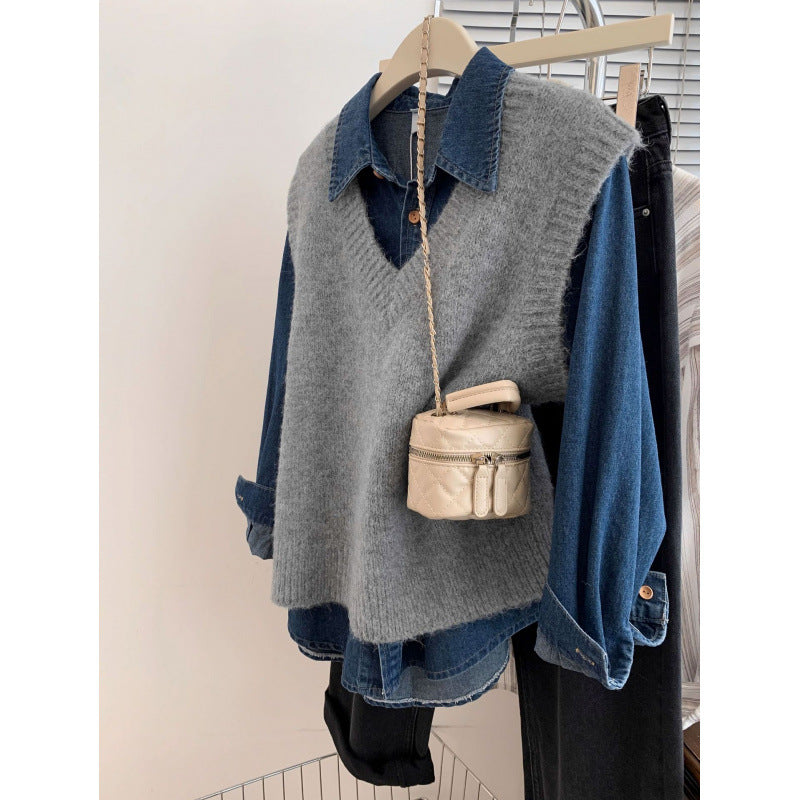 Damen Strickpullover V-Ausschnitt Lässiger Denim Look Blau