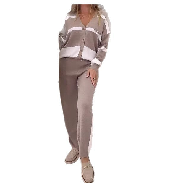 Damen Elegantes Loungewear-Set mit Button-Front und Streifendetails