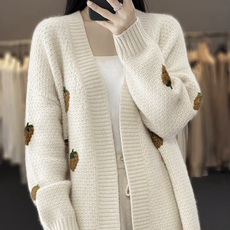Damen Strickjacke Erdbeermuster