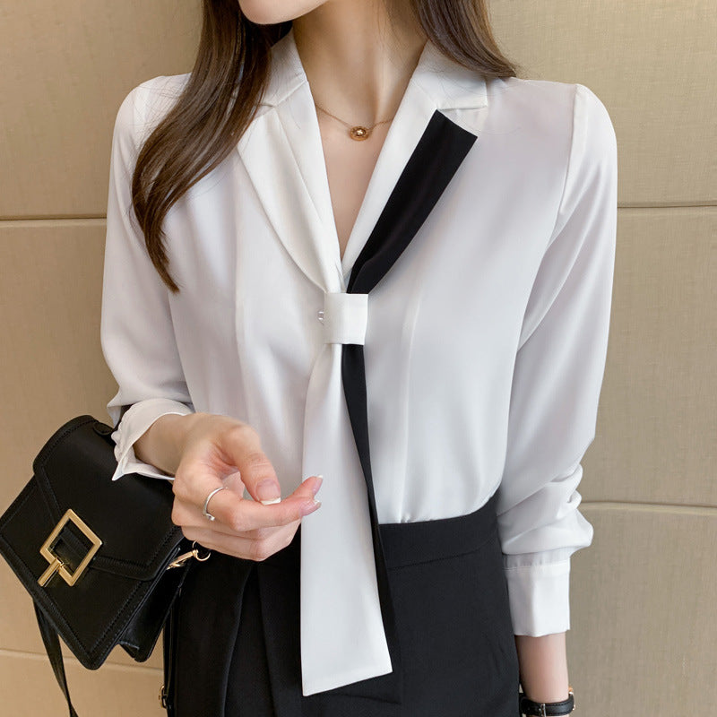 Damen Bluse mit Schleifenkragen und Kontrasten Eveloria