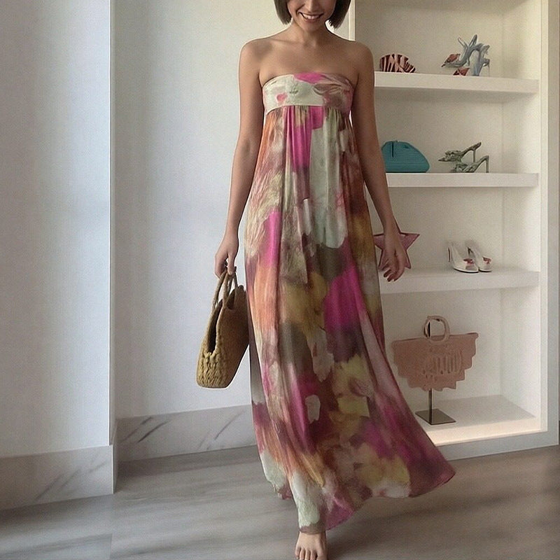 Damen Strandkleid Schulterfrei Floralmuster Lang Eveloria