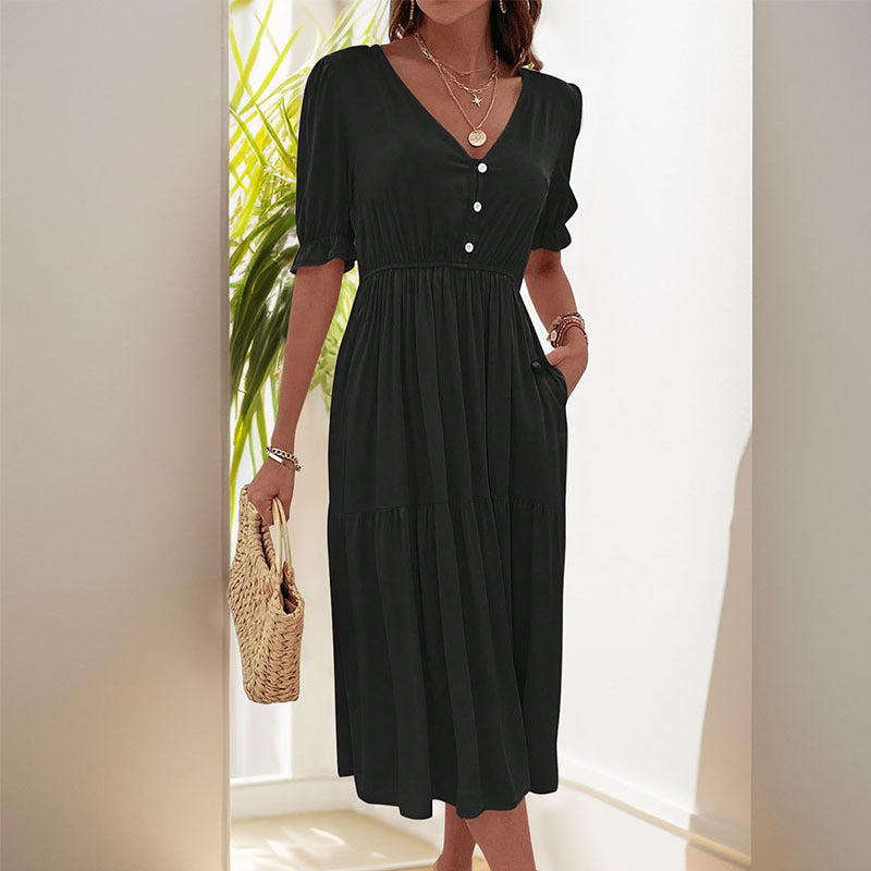 Damen Midi-Kleid Knopfdetail Voluminöse Ärmel Eveloria
