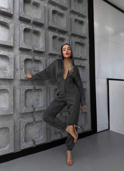 Damen Jumpsuit Tiefes Dekolleté Kapuze Eveloria