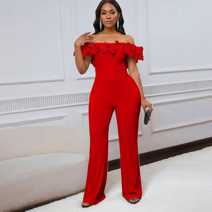 Damen Jumpsuit Voluminöser Rüschenkragen Eleganter Schnitt Eveloria
