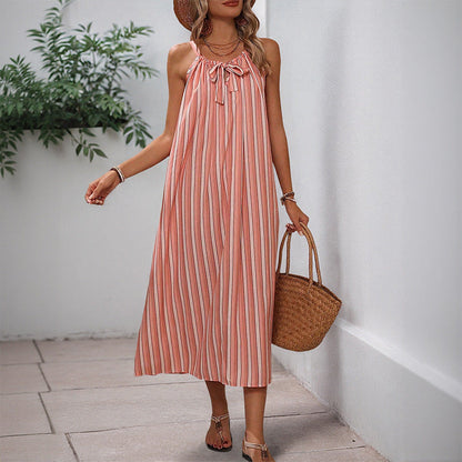 Damen Maxikleid mit Bindegürtel und Streifen