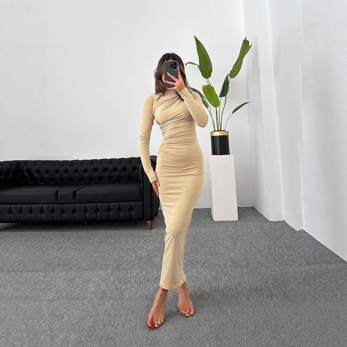 Damen Langarmkleid Figurbetont Raffung Eveloria