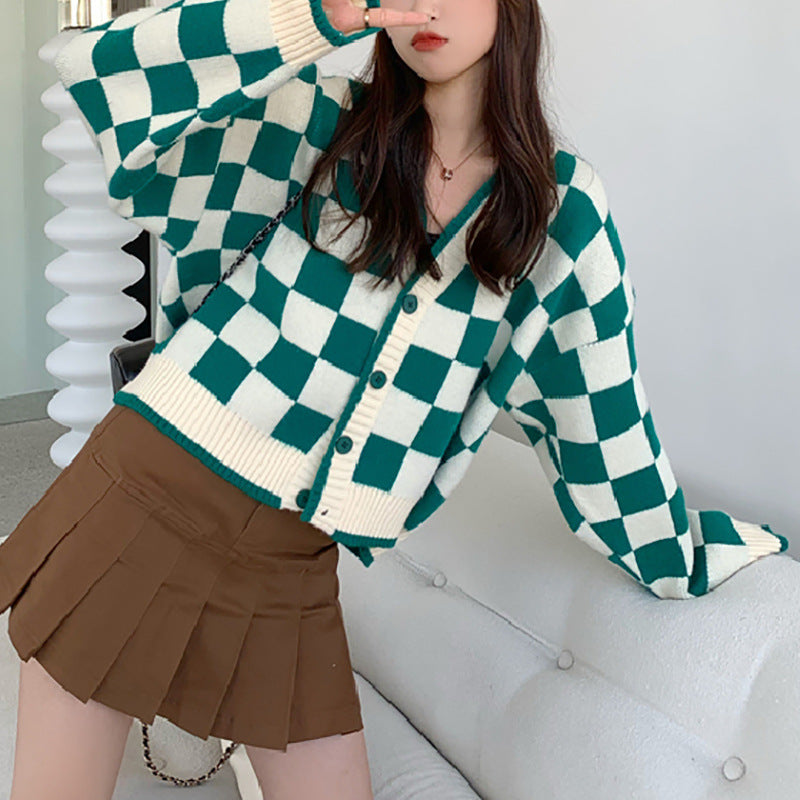 Damen Grobstrickjacke Karomuster Bequem Knöpfe Braun