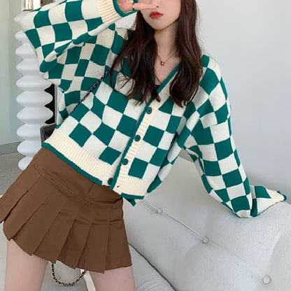 Damen Grobstrickjacke Karomuster Bequem Knöpfe Braun