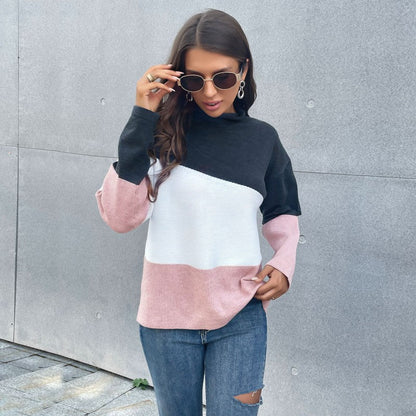 Damen Strickpullover Farbblock-Design Hoher Kragen Eveloria