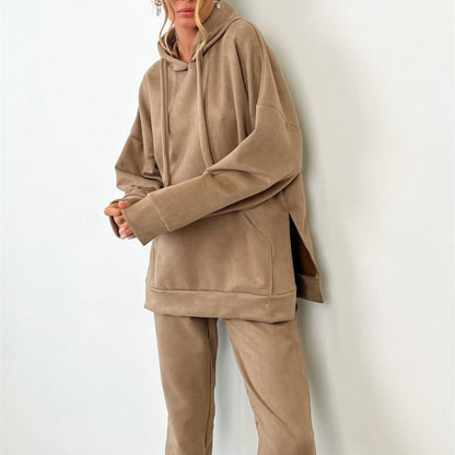 Damen Fleece-Loungewear-Set mit Kapuze elastisch Grau Eveloria