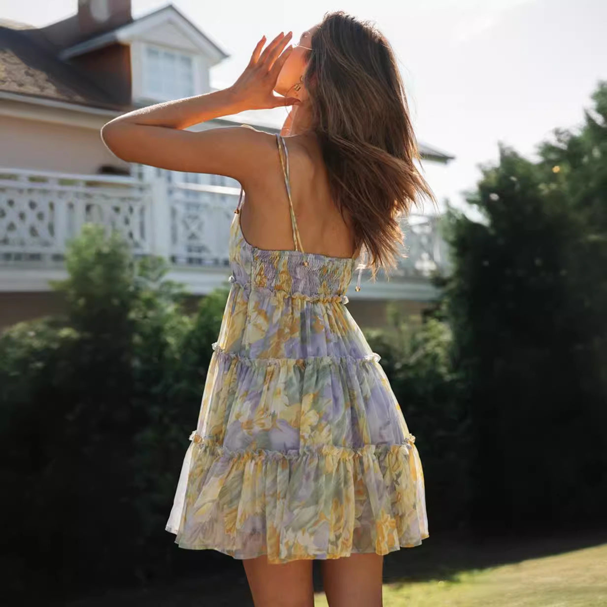 Damen Sommerkleid Luftig Rüschen Spaghetti-Träger Eveloria