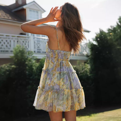 Damen Sommerkleid Luftig Rüschen Spaghetti-Träger Eveloria