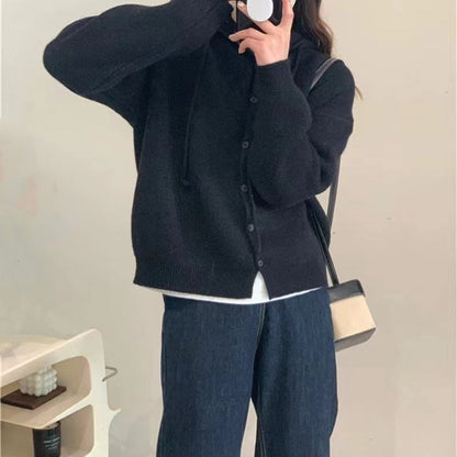 Damen Strickjacke mit Kapuze und Knopfverschluss