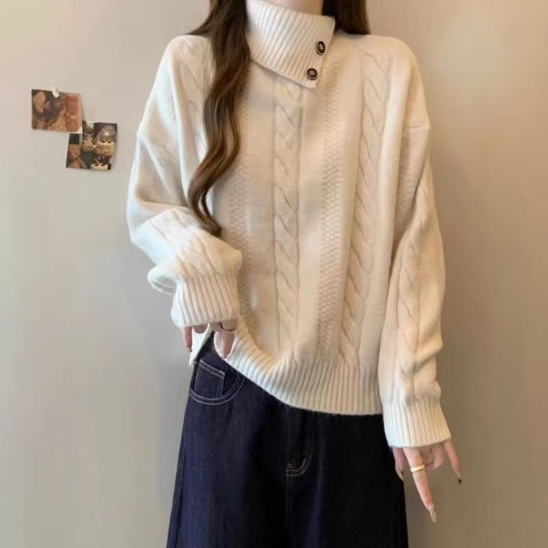 Damen Grobstrickpullover Hochgeschlossener Kragen Knöpfe Beige