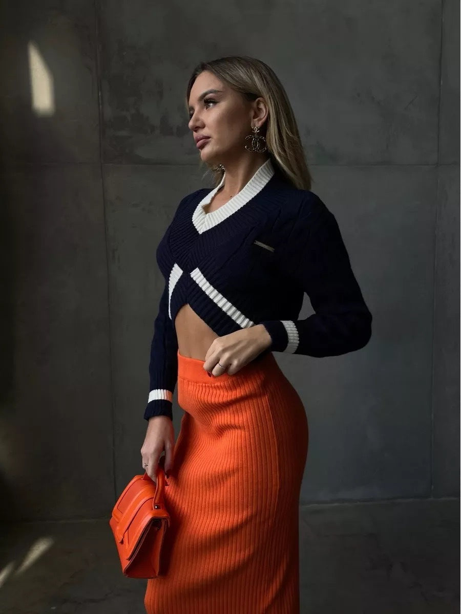 Damen Cropped Strickpullover V-Ausschnitt Kontrastdetails