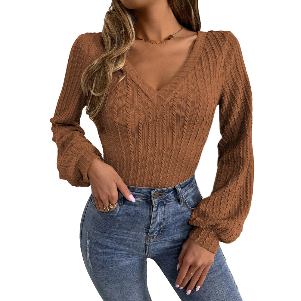 Damen Strickbody V-Ausschnitt Puffärmel Elegantes Design
