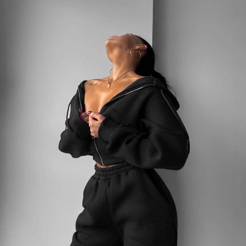 Damen Sport Crop-Set Reißverschluss Breiter Bund Eveloria