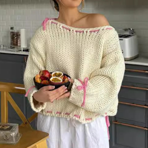 Damen Strickpullover Offene Schultern Kordelzug Beige - Eveloria