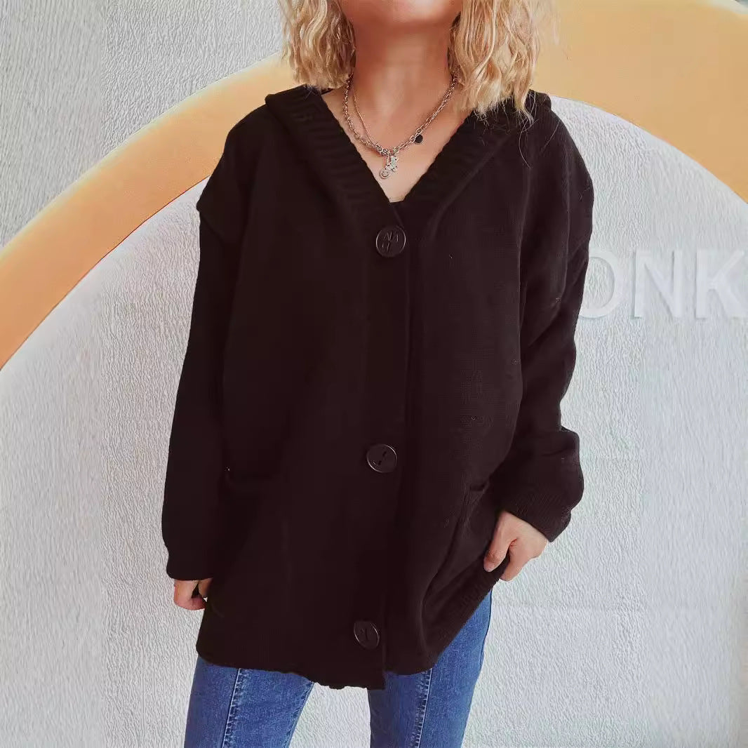 Damen Strickjacke Kapuze Aufgesetzte Taschen Kuschelig Grau Eveloria