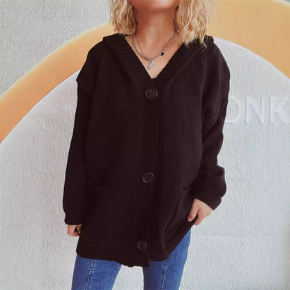 Damen Strickjacke Kapuze Aufgesetzte Taschen Kuschelig Grau Eveloria