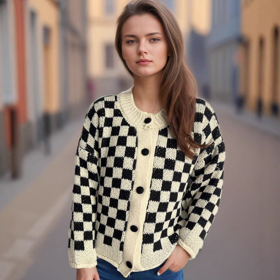 Damen Strickjacke Gemustert Große Knöpfe Lockerer Schnitt - Eveloria