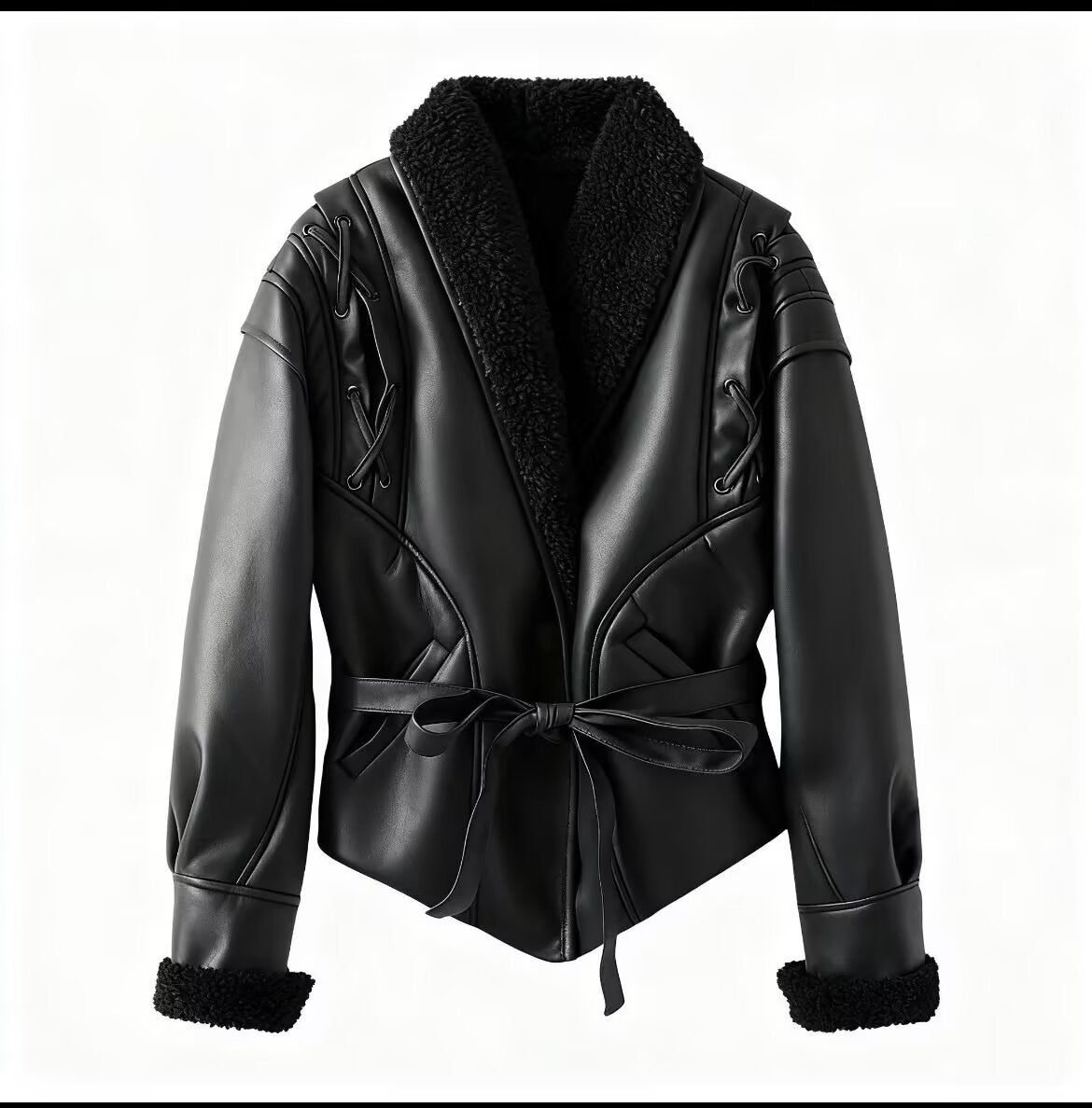 Damen Kunstlederjacke Teddyfutter Schnürdetails