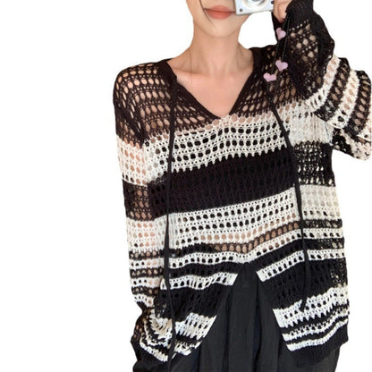 Damen Strickpullover Luftiger Netzdesign Langer Ärmel Eveloria