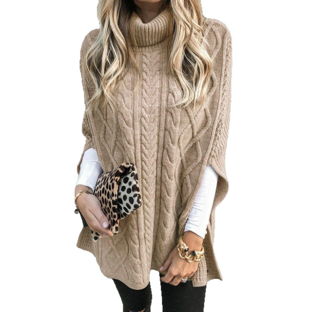 Damen Strickponcho Hochkragen Kabelmuster Beige