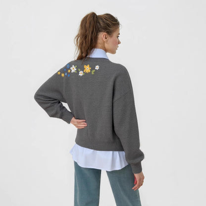 Damen Grobstrickpullover Floral Rückendetail Lockeres Design