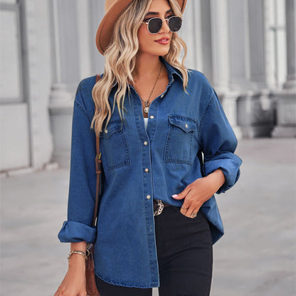 Damen Denim Hemdbluse mit Brusttaschen Blau
