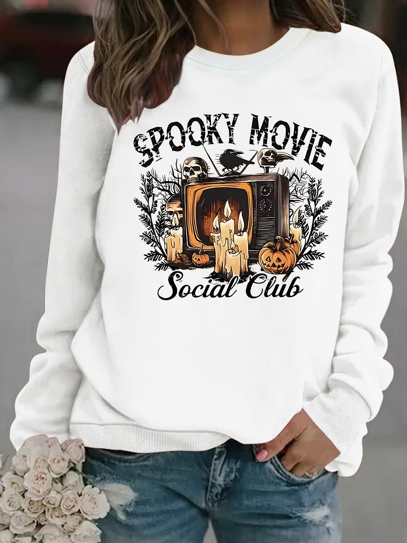 Damen Sweatshirt Spooky Film-Motiv Lässiger Schnitt Eveloria