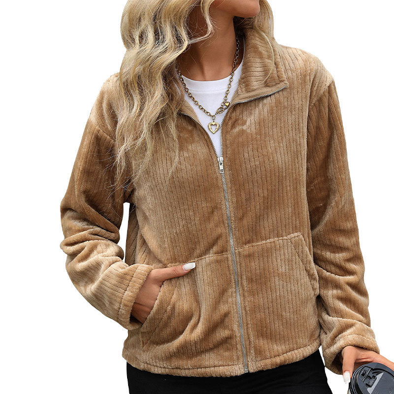Damen Freizeitjacke Flausch Reißverschluss Beige