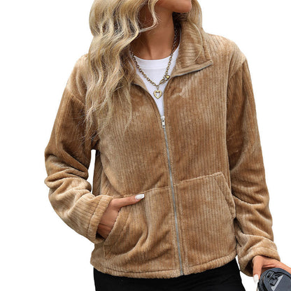 Damen Freizeitjacke Flausch Reißverschluss Beige