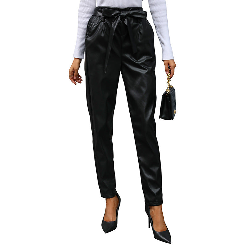 Damen Kunstleder Jogginghose Elegante Schleifenbindung