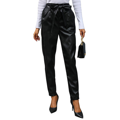 Damen Kunstleder Jogginghose Elegante Schleifenbindung