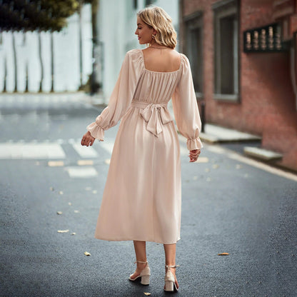 Damen Midi-Kleid Elegante Drapierung Langer Puffärmel
