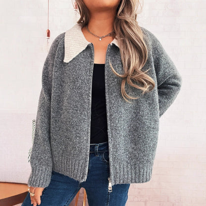 Damen Strickjacke Kontrastkragen Reißverschluss Grau Eveloria
