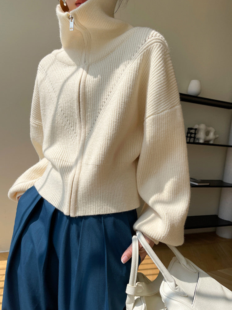 Damen Grobstrick Pullover Übergroß Hohler Kragen Beige